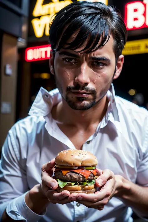 (((crying desperate))) man looking at his (((burger))) with passion and love, a lot of drama, (detailed facial features),
intricate detailed background, dreamy, drawing, trending on artstation, UHD, (((by Laurel D Austin))):1.8, atmosphere, luminosity, front lighting,
<lora:Burger photo_v01-000006:0.75>