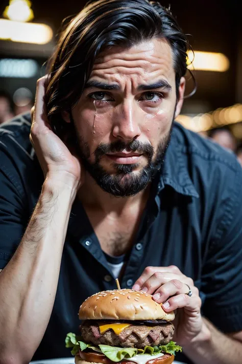 (((crying desperate))) man looking at his (((burger))) with passion and love, a lot of drama, (detailed facial features),
intricate detailed background, dreamy, drawing, trending on artstation, UHD, (((by Laurel D Austin))):1.8, atmosphere, luminosity, front lighting,
<lora:Burger photo_v01-000006:0.75>