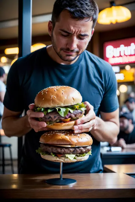 (((crying desperate))) man looking at his (((burger))) with passion and love, a lot of drama, (detailed facial features),
intricate detailed background, dreamy, drawing, trending on artstation, UHD, (((by Laurel D Austin))):1.8, atmosphere, luminosity, front lighting,
<lora:Burger photo_v01-000006:0.75>