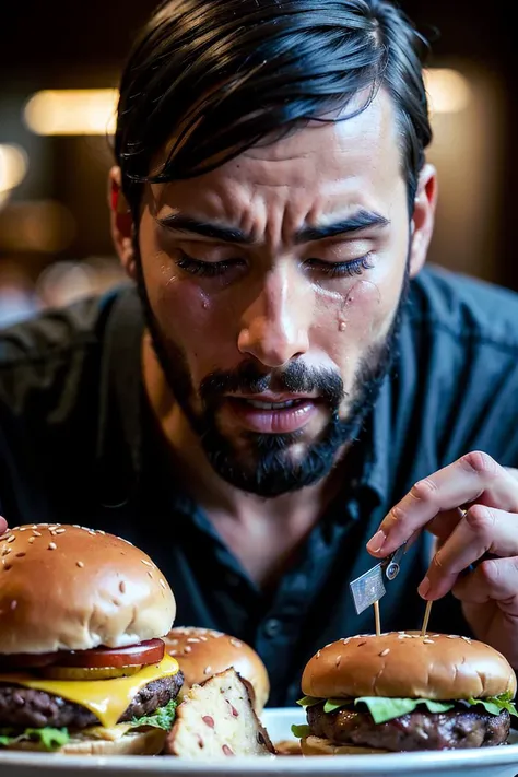 (((crying desperate))) man looking at his (((burger))) with passion and love, a lot of drama, (detailed facial features),
intricate detailed background, dreamy, drawing, trending on artstation, UHD, (((by Laurel D Austin))):1.8, atmosphere, luminosity, front lighting,
<lora:Burger photo_v01-000006:0.75>