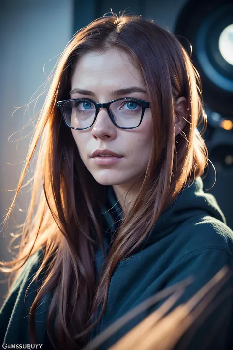 (best quality, masterpiece:1.3),
A highly detailed space scifi, cinematic,
medium shot,
(detailed facial features), 1girl, red hair, bright blue eyes, glasses,
realistic skin texture,
intricate detailed background,
dreamy, drawing, trending on artstation, UHD, (((by James Gurney))):1.8, atmosphere, luminosity