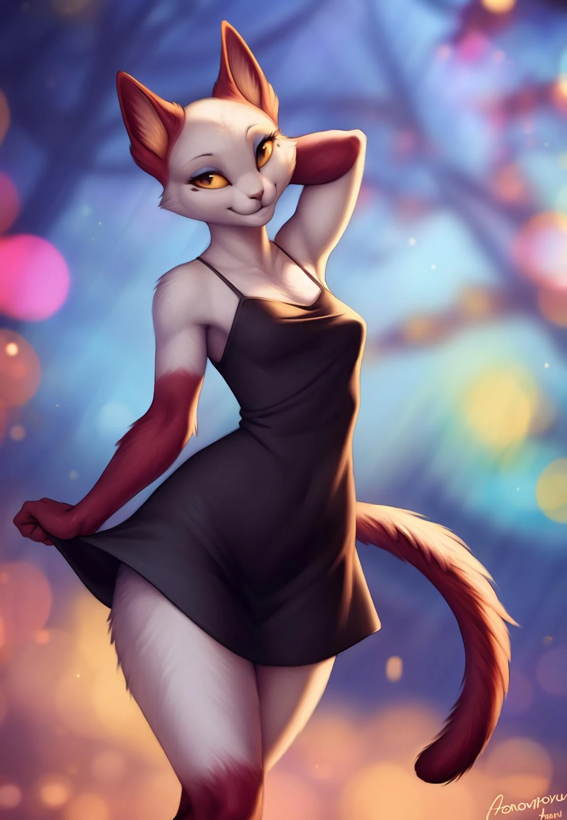 olivia, cat, red arms, red legs, red ears, black dress, smile, pose, ((bokeh)), beautiful, detailed, shaded, portrait,tail, honovy hioshiru personalami
<lora:olivia:1>