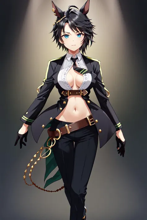 (best quality:1.5),animated painting,1women,ear piercing, ear ornament, black necktie, long sleeves, cleavage, black gloves, no bra, white shirt, collared shirt, center opening, open clothes, center frills,center opening  a frilled shirt ,center opening  a midriff, half gloves, open jacket, black jacket, underbust, brown belt, chain, black pants, black footwear, high heels <lyco:fuji_kiseki_loha-000008:0.8>