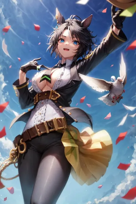 masterpiece, best quality,
fuji kiseki \(umamusume\),
hat, holding hat, dove, flying doves, blue sky, confetti,
ear piercing, ear ornament, black necktie, long sleeves, cleavage, black gloves, no bra, white shirt, center opening, open clothes, collared shirt, center frills, frilled shirt, half gloves, open jacket, black jacket, underbust, brown belt, chain, black pants, 
<lora:fuji_kiseki_loha:0.7>