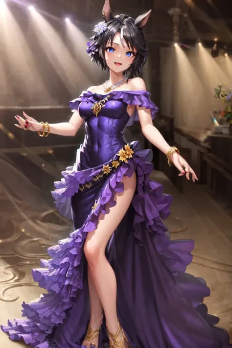 masterpiece, best quality,
fuji kiseki \(umamusume\),
hall of ballroom, dancing, full body, wide shot, 
smile, open mouth,
official alternate costume, hair ornament, hair flower, white flower, nail polish, jewelry, necklace, bracelet, bare shoulders, off-shoulder dress, purple dress, <lora:fuji_kiseki_loha:0.7>