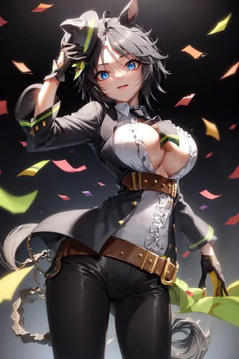 masterpiece, best quality,
fuji kiseki \(umamusume\),
cowboy shot, standing,
(holding hat:1.2), removed hat, looking at viewer,
dove, confetti, wide shot,
ear piercing, ear ornament, black necktie, long sleeves, cleavage, black gloves, no bra, white shirt, center opening, open clothes, collared shirt, center frills, frilled shirt, half gloves, open jacket, black jacket, underbust, brown belt, chain, black pants,
<lora:fuji_kiseki_loha:0.7>