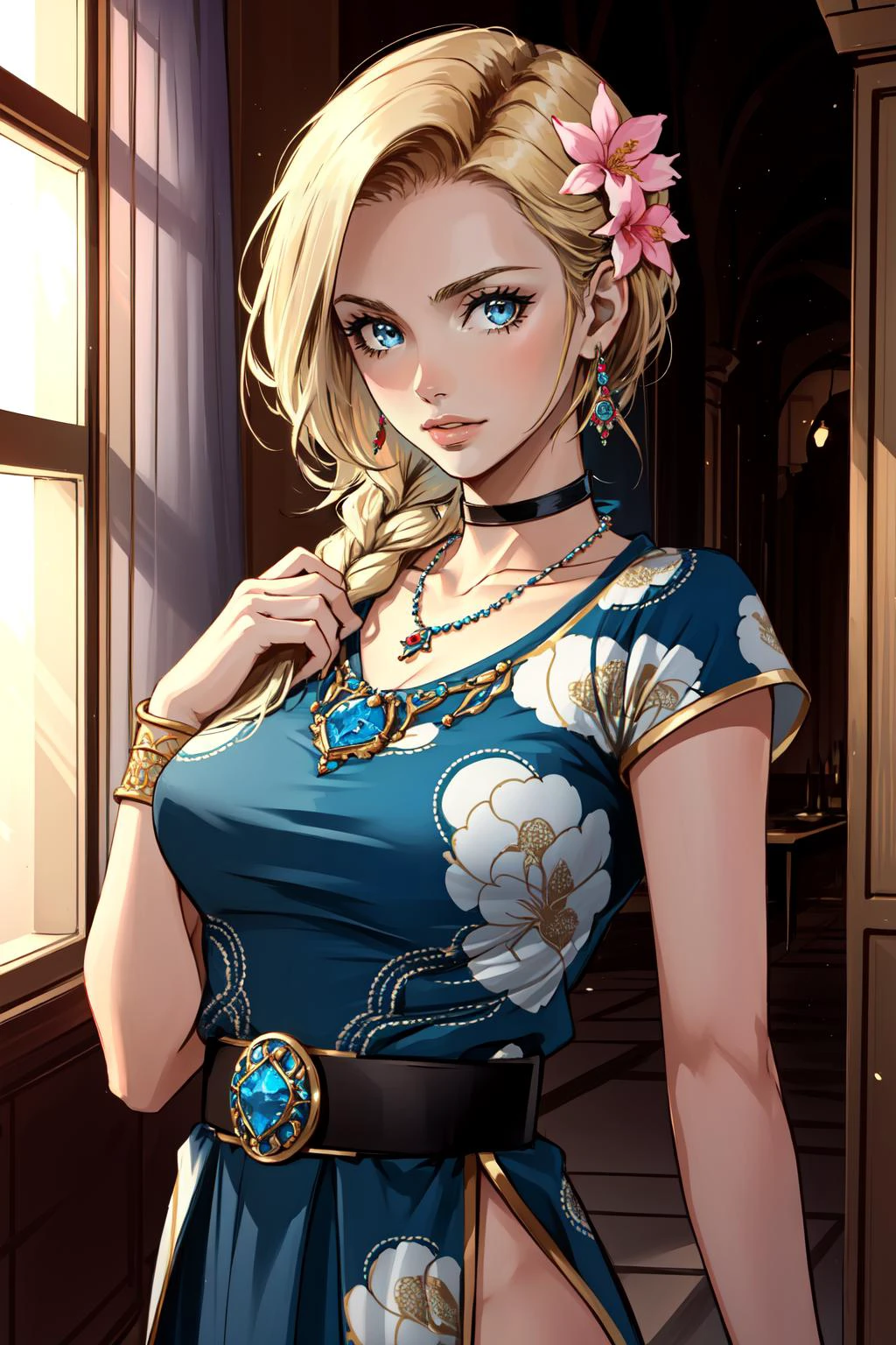 (masterpiece, best quality), intricate details,
1girl <lora:dqbianca-nvwls-v1:0.8> dqBianca, single braid, earrings, choker, belt,
<lora:parvati-lyco-nochekaiser:0.6> indian clothes, jewelry, necklace, side slit, flower, hair flower, hair ornament,