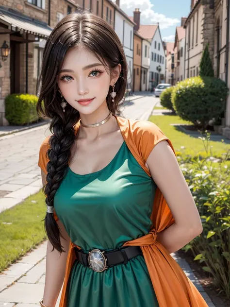 (best quality, masterpiece:1.2),<lora:dqbianca-nvwls-v1:0.8>,dqBianca,single braid,earrings,choker,orange cape,green dress,belt,looking at viewer,large breasts,upper body,smile,furrowed brow,village,<lora:add_detailç»èè°èå¨:0.5>,<lora:æ¶å°ç¾å¥³ï¼å¤å§¿å¿å¨ä½ï¼_v2.0:0.5>,
