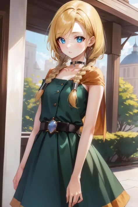 (masterpiece, best quality),  intricate details,
1girl <lora:dqbianca-nvwls-v1:0.8> dqBianca,earrings, choker, belt, choker, orange cape, green dress, belt, 
 <lora:twin_braids-1.0:0.8> twin braids