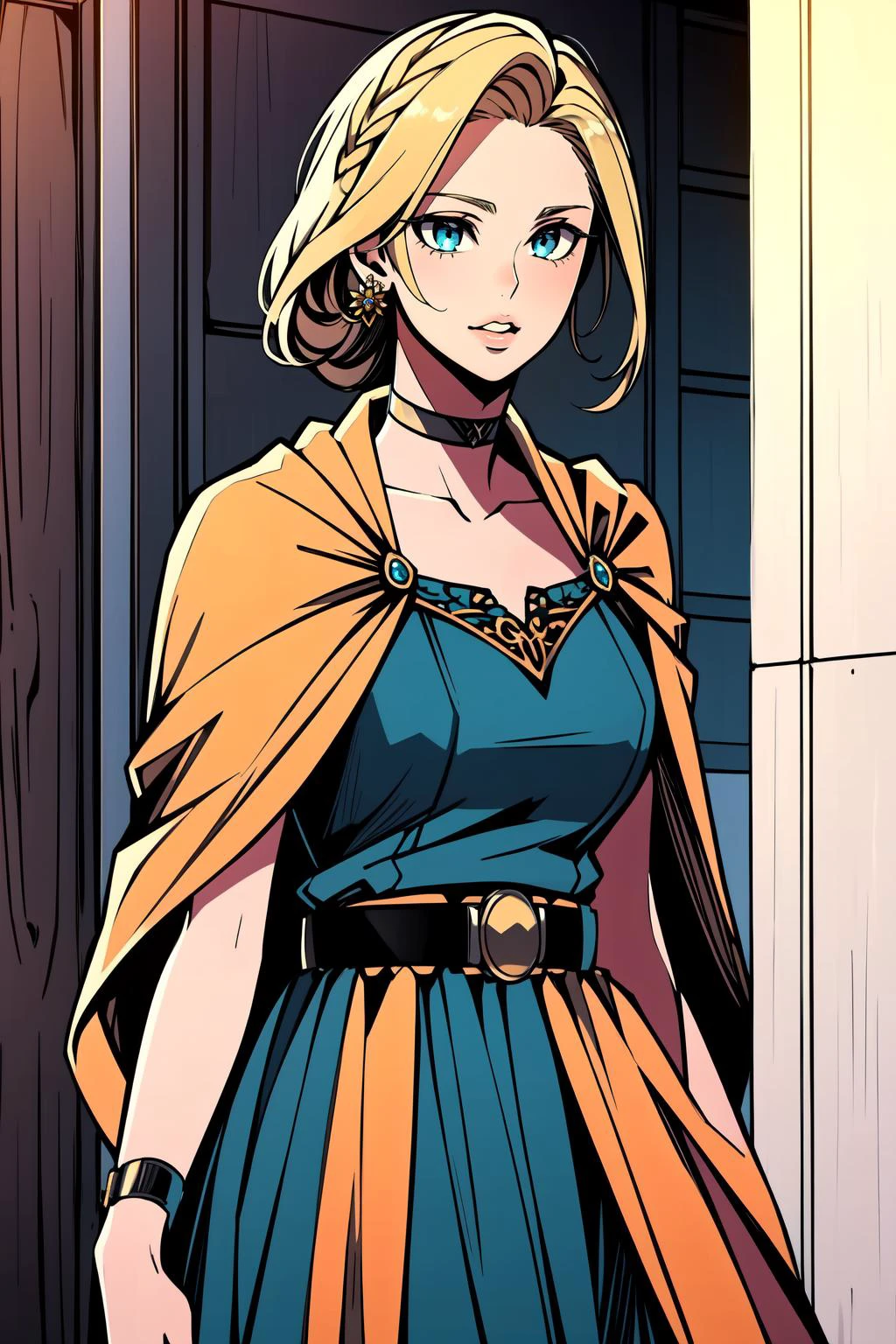 (masterpiece, best quality), intricate details,
1girl <lora:dqbianca-nvwls-v1:0.8> dqBianca, single braid, earrings, choker, belt, choker, orange cape, green dress, belt,
<lora:juder_style:1>