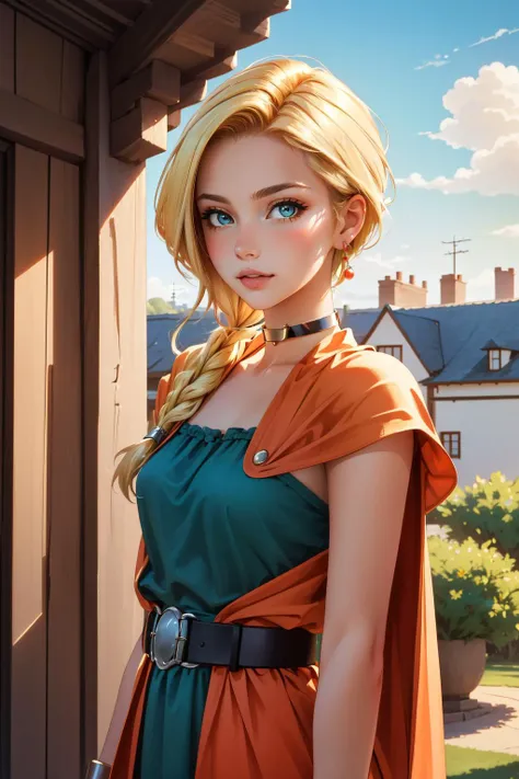 (masterpiece, best quality),  intricate details,
1girl <lora:dqbianca-nvwls-v1:0.8> dqBianca, single braid, earrings, choker, orange cape, green dress, belt,