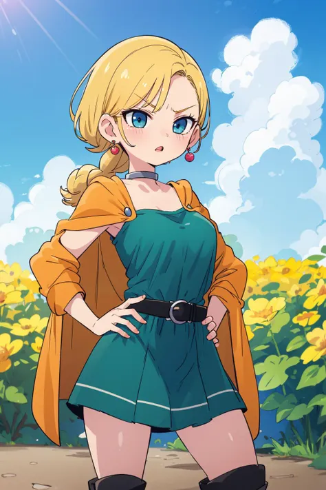 ((masterpiece)), (best quality), official art, extremely detailed CG, unity 8k wallpaper, ultra detailed, 
dqBianca, single braid, earrings, choker, orange cape, green dress, belt, large breasts, hands to hips, boots, furrowed brow, sky, clouds, fields, upper body,
 <lora:dqbianca-nvwls-v1:0.8>