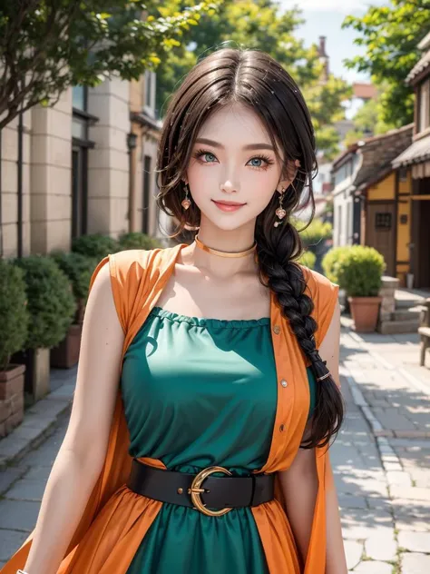 (best quality, masterpiece:1.2),<lora:dqbianca-nvwls-v1:0.8>,dqBianca,single braid,earrings,choker,orange cape,green dress,belt,looking at viewer,large breasts,upper body,smile,furrowed brow,village,<lora:add_detailç»èè°èå¨:0.5>,<lora:æ¶å°ç¾å¥³ï¼å¤å§¿å¿å¨ä½ï¼_v2.0:0.5>,