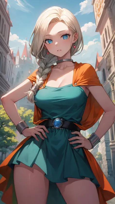 <lora:add_detail:0.8>,
(8k, masterpiece, best quality, high resolution, super fine illustration:1.2), (beautiful detailed eyes:1.2), 1girl, solo, castle, outdoor,
<lora:dqbianca-nvwls-v1:1> dqBianca, single braid, earrings, choker, orange cape, green dress, belt, bracelet, large breasts, contrapposto