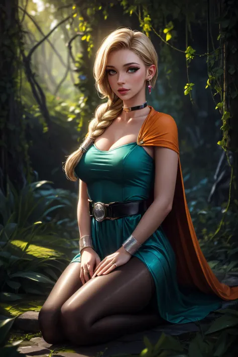 (ultra realistic,32k,RAW photo:1.1),(high detailed skin:1.1), 8k uhd, dslr, high quality, film grain, (makeup, mascara:1.1), lips,(thick\lips\), 
(shiny glossy translucent clothing:1.1), <lora:dqbianca-nvwls-v1:0.8>dqBianca, single braid, earrings, choker, orange cape, green dress, belt, <lora:add_detail:0.95>, 
Kneeling and pretending to propose with an oversized ring, 
 (busty:1.1) ,  (chubby:0.1),(holography:1.2),<lora:LowRA:0.4>, dark theme, thornwind vale, thorny vines, mystical creatures, verdant wilderness