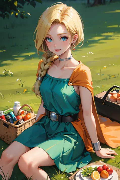 <lora:dqbianca-nvwls-v1:0.8> dqBianca, single braid, earrings, choker, orange cape, green dress, belt
masterpiece, best quality, absurdres, beautiful, grassy plains, sitting on blanket, picnic, looking at viewer, smile