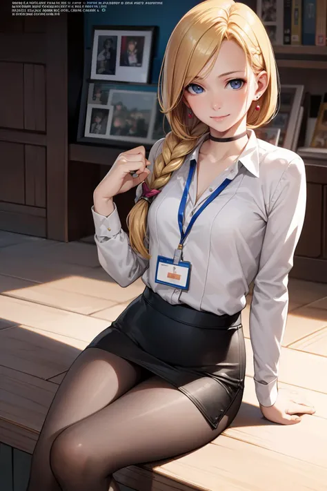 8k high quality detailed,highres,anime,comic,detailed image,
(an illustration of a teenage girl posing,(an illustration of girl,teenage girl)),(magazine_illustration),(magazine_sheet),
(, dqBianca,1girl,blonde_hair,(single braid),earrings,small|medium breasts),(Pleased Smile),detailed_face,
((Sitting on a bench, hands clasped in the lap, lost in deep thought and contemplation,):0.8),
((, ruanyi0506,bra,pantyhose,miniskirt,office lady,id card,lanyard,black bra,black necktie):0.8),(,realistic clothing texture,realistic_skin_texture),<lora:dqbianca-nvwls-v1:0.6>,<lora:0506 Emma OL_v1:0.55>,<lora:more_details:0.2>