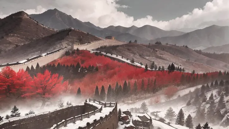 (masterpiece, best quality:1.2), shukezouma, negative space,shuimobysim,a painting of a landscape with pine tree and mountains in the background, badashanren, landscape, a painting, ancient china painting ,traditional chinese ink painting,<lora:Moxin_10:0.35> ,<lora:Moxin_Shukezouma10:0.65>,(waterfall:1.15), cloudy sky, (The red sun is behind the clouds:0.75),Great river,(Red-crowned crane:1.2), greatwall,<lora:greatwall:0.65>