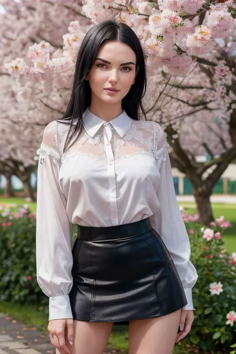 photo of S169_SimonKitty,a stunning woman,in a (blossom-garden:1.1),wearing a (blouse:1.2) and a (skirt:1.1),(8k, RAW photo, best quality, depth of field, ultra high res:1.2),(absurdres, intricate, photorealistic, masterpiece, ultra-detailed:1.3),
