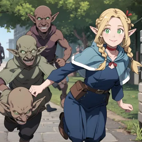 masterpiece, best quality,  <lora:marcille:1:lbw=Char>, 1girl, elf, blonde hair, long hair, braid, twin braids, pointy ears, green eyes, choker, capelet, dress, belt, pouch, <lora:goblin_v0.1a:1>, (mutiple goblins), fleeing, smile, running towards viewer