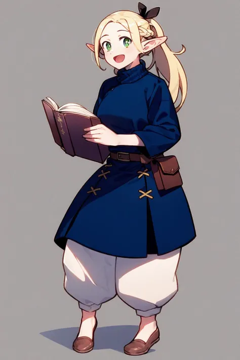 masterpiece, best quality, <lora:marcille:1>,
1girl, pointy ears, solo, blonde hair, long hair, green eyes, elf, pants, smile, ponytail, white pants, open mouth, simple background, holding, brown footwear, full body, belt, looking at viewer, book, paper, cup, :d, long sleeves, brown belt, sweater, turtleneck, grey background