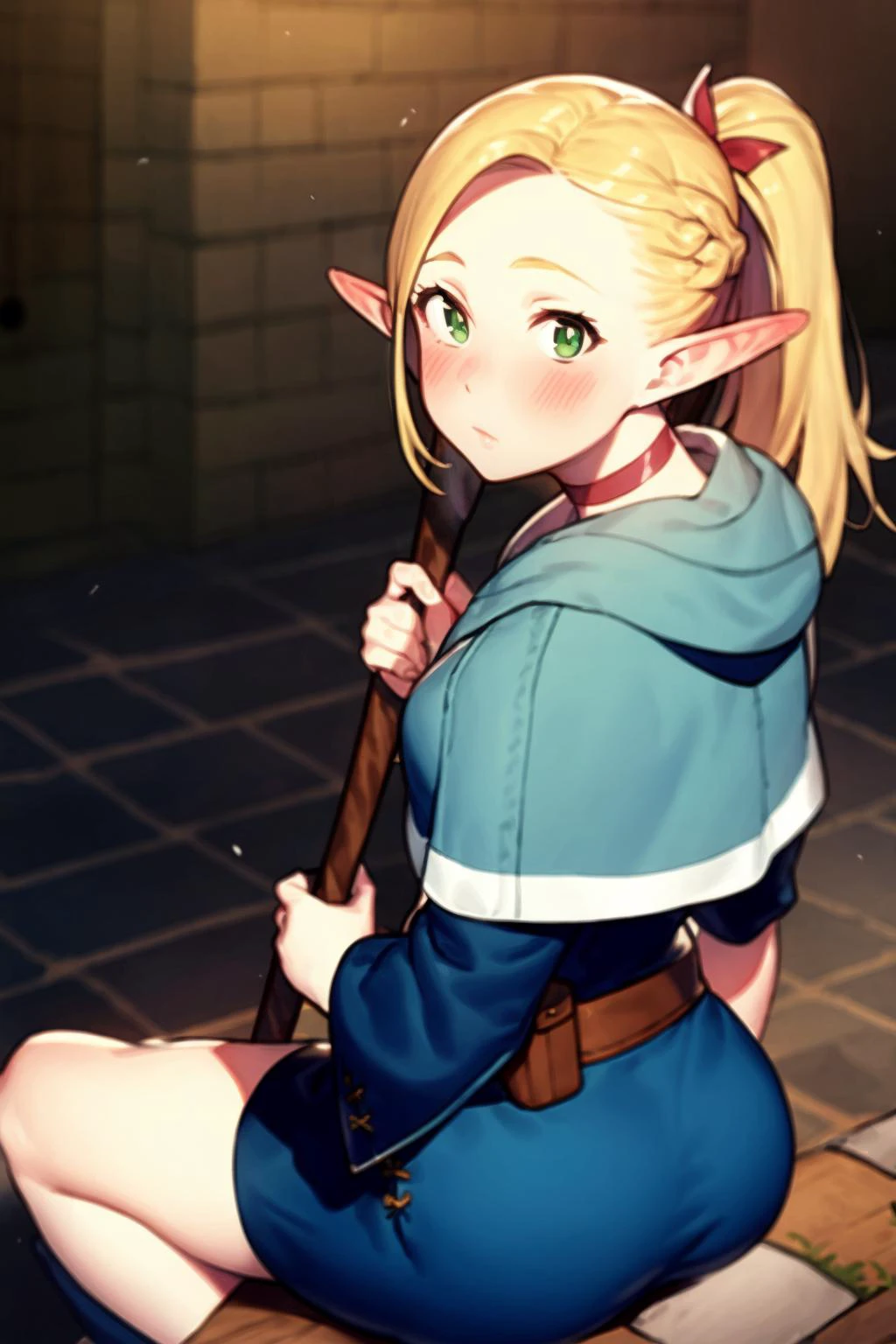 masterpiece, best quality, <lora:marcille:1>,
1girl, pointy ears, elf, blonde hair, staff, long hair, green eyes, sitting, blush, ponytail, ass, looking at viewer, dress, holding staff, capelet, choker, robe