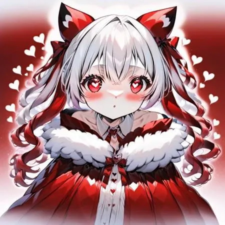 hair intakes, bare shoulders, flower, dress shirt, two-tone hair, red ribbon, heart-shaped pupils, fur trim, fur-trimmed jacket, hoodie, gradient hair, red shirt, blunt bangs, japanese clothes, fox mask, white capelet, white dress, from above, cloak, upper body