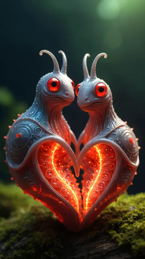 two fantasy alien snails in love, red glowing heart shells, love is all around, highly detailed, realistic texture, complex, little glowing heats flying , <lora:WildcardX-XL-Detail-Enhancer:0.6><lora:add-detail-xl:0.7>