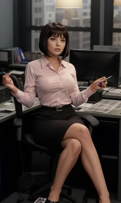 bettybrant2023, 1 girl working in office,  8k, uhd, best quality, masterpiece, newspaper, bob cut
