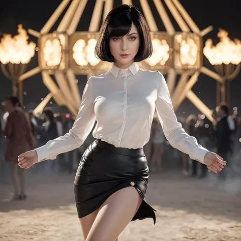 masterpiece,intricate details,Meticulous,8K,Impressive,Enchanting,photorealistic,1girl,bettybrant2023,black hair,bob cut,white blouse,business skirt,high heels,dancing wildly at the burning man festival,high face details,Capture,Picture,Photo,Professional-grade optics,Precise focusing,high background details,,