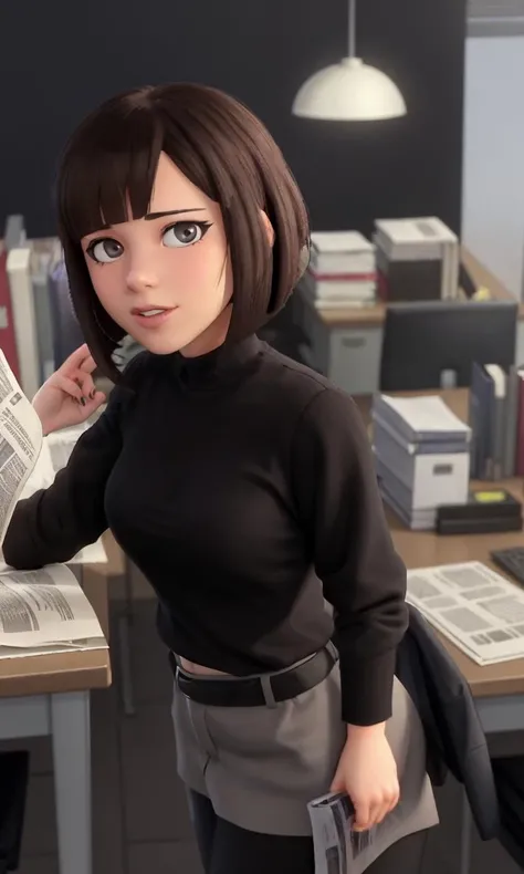 bettybrant2023, 1 girl working in office, best quality, masterpiece, newspaper, bob cut, 5 fingers, pixar style,