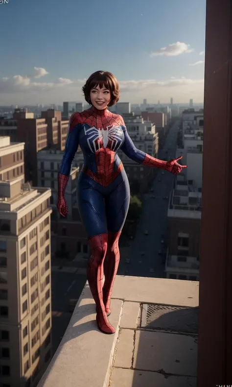 bettybrant2023, 1 girl standing on the ledge of a building, wearing spideyadv2, 8k, uhd, best quality, masterpiece, buildings, brown bob hairstyle, smile, breasts,