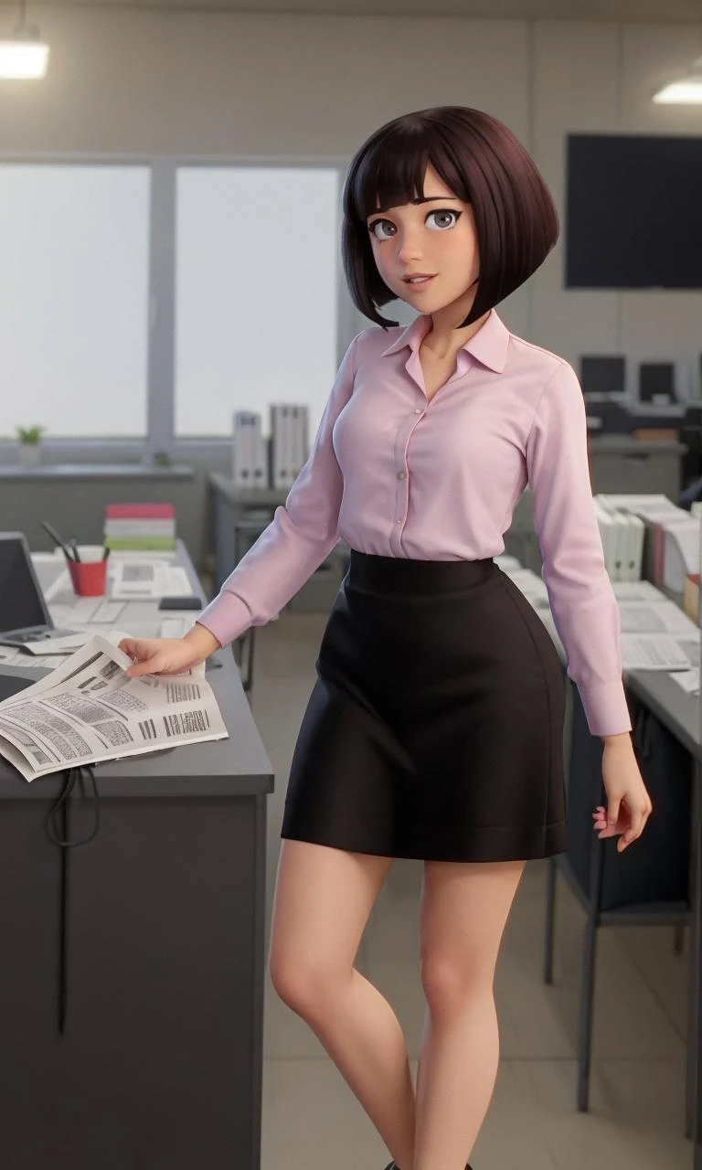 bettybrant2023, 1 girl working in office, best quality, masterpiece, newspaper, bob cut, 5 fingers, pixar style,