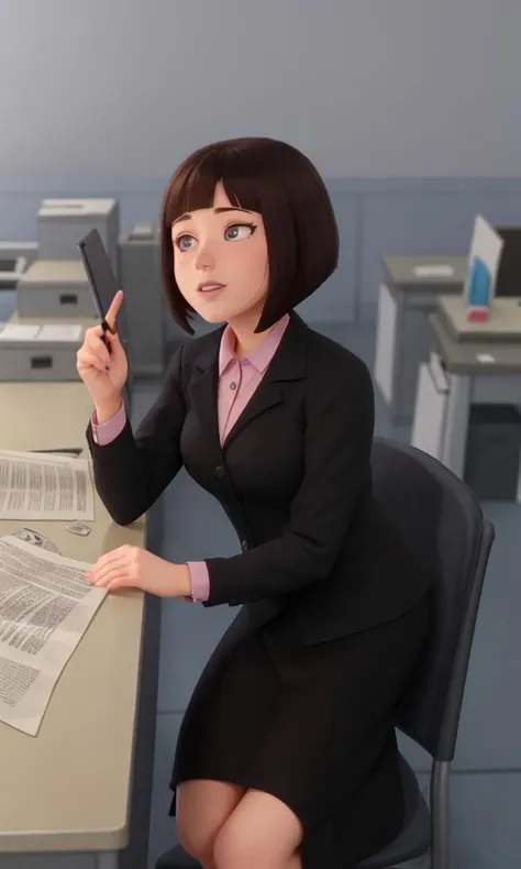 bettybrant2023, 1 girl working in office, best quality, masterpiece, newspaper, bob cut, 5 fingers, pixar style,