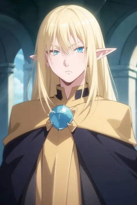 masterpiece, best quality, game cg, 1boy, solo, male focus, looking at viewer, upper body, depth of field, <lora:leon_cromwell:0.68>, leon_cromwell, blue eyes, blonde hair, long hair, devil costume, Middle Earth: A vast and ancient world, home to Elves, Dwarves, Hobbits, and Wizards, 2k resolution