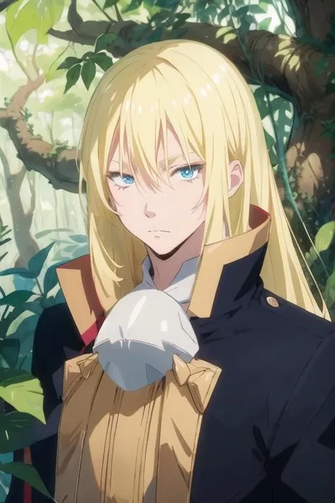 masterpiece, best quality, illustration, 1boy, solo, male focus, looking at viewer, upper body, depth of field, <lora:leon_cromwell:0.74>, leon_cromwell, blue eyes, blonde hair, long hair, , An enchanted forest where magical creatures and plants abound,