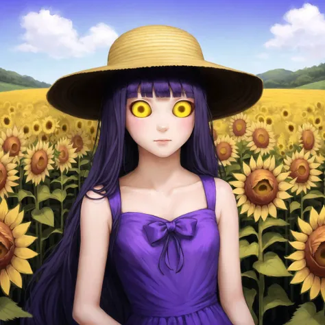 <lora:gravemudart:1>, gravemudart, simple background, horror \(theme\), demon like head,
1girl, bare arms, blue ribbon, bouquet, bow, collarbone, dress, flower, grey dress, hat, hat bow, holding, holding bouquet, long dress, long hair, looking at viewer, purple bow, purple hair, ribbon, sleeveless, sleeveless dress, solo, standing, straight hair, straw hat, sun hat, sundress, sunflower, very long hair, yellow eyes, yellow flower, yellow headwear