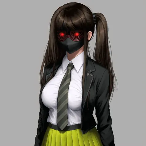 <lora:gravemudart:1>, gravemudart, simple background, horror \(theme\), demon-like head, scary face, strange, creepy, 1girl, bangs, bedroom, black bra, black jacket, bra, breasts, brown eyes, brown hair, collared shirt, diagonal stripes, eyebrows visible through hair, face mask, green neckwear, grey skirt, hair between eyes, highres, indoors, jacket, large breasts, long hair, long sleeves, looking at viewer, mask, mole, mole under eye, necktie, school uniform, see-through, shirt, skirt, solo, standing, striped, striped neckwear, surgical mask, twintails, underwear, uniform, white shirt