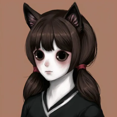 <lora:gravemudart:1>, gravemudart,  simple background, horror \(theme\), demon-like head, scary face, strange, creepy,  1girl, animal ears, black eyes, blush, brown hair, dog ears, dog tail, short twintails, sketch, solo, tail, twintails, uniform, wavy mouth