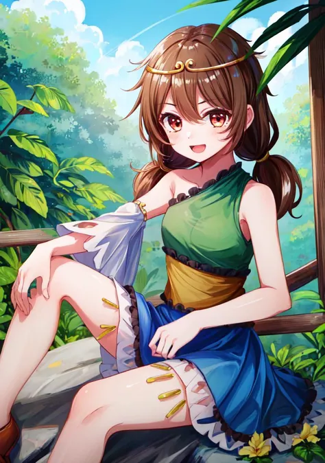 (masterpiece, high quality,shiny skin:1.4) ,vivid color, high contrast,<lora:more_details:0.3>, <lora:GoodHands-beta2:1>,<lora:SonBiten:1>,1girl,circlet, brown hair,low twintails,long hair,brown eyes,bare shoulders,single sleeve,sleeveless shirt,blue skirt,jewelry,monkey tail, fruit, banana, holding banana,outdoor,happy ,jungle,sitting