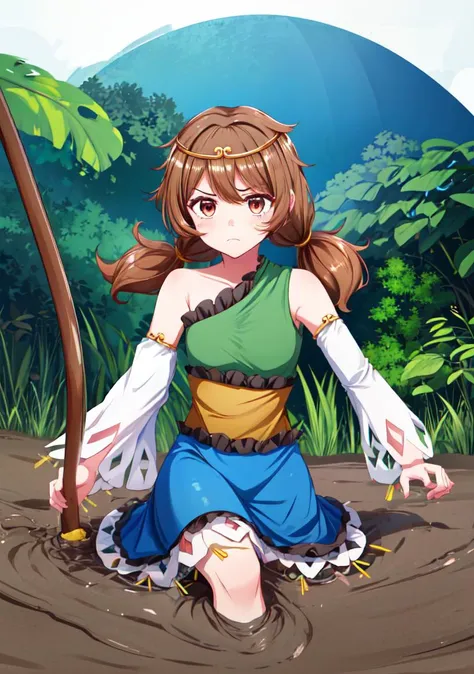 (masterpiece, high quality,shiny skin:1.4) ,vivid color, high contrast,<lora:more_details:0.3>, <lora:GoodHands-beta2:1>,<lora:SonBiten:1>,1girl,circlet, brown hair,low twintails,long hair,brown eyes,bare shoulders,single sleeve,sleeveless shirt,blue skirt,jewelry,monkey tail, fruit, banana,outdoor,jungle,<lora:partially_submerged:1>beautiful face,partially submerged, mud,frown