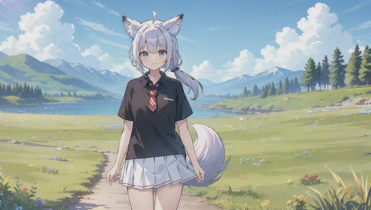 (masterpiece, top quality, best quality), 1girl, white hair,white skin, white pupils, ((grey eyes)), tareme, long hair,low ponytail, ahoge, wolf ears,fox tail, small breasts, ((black shirt+ collared shirt+ short sleeves+untucked shirt+Oversized shirt)), necktie, (white skirt+miniskirt),:3,<lora:gyokai:0>,<lora:oversized_shirt:0.4>,<lora:zoom_slider_v1:-1>,cinematic lighting, <lora:epiNoiseoffset_v2:1>, <lora:dungeon_v2.0:1> ,landscape ,<lora:aki:0.5>,mountain,flowers,grassland,((blue sky)),((Cumulonimbus))