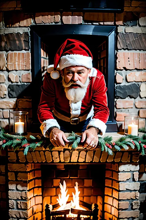 santa stuck his lower body in fireplace, best quality, beingswallowed:1.3, <lora:beingswallowed_V2n:0.7>, scared, look at viewer, hat