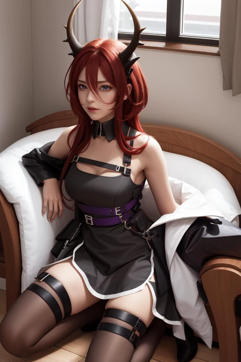 <lora:å²å°ç¹å°-000010:1>,surtr \\\(arknights\\\),surtr \(arknights\),horns,purple eyes,red hair,long hair,bare shoulders,bangs,dress,black dress,hair between eyes,chest strap,demon horns,off shoulder,thighhighs,black thighhighs,detached collar,indoors,kneeling,, 1girl,
,  (masterpiece,best quality:1.2),absurdres