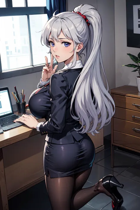 turned away but looking back over her shoulder,dutch angle,facepalm, <lora:ishtarV1:0.85>,def_ishtar,large breasts,business suit,business skirt,pantyhose,high heels,office,indoors,(masterpiece, best quality, ultra-detailed, best shadow)