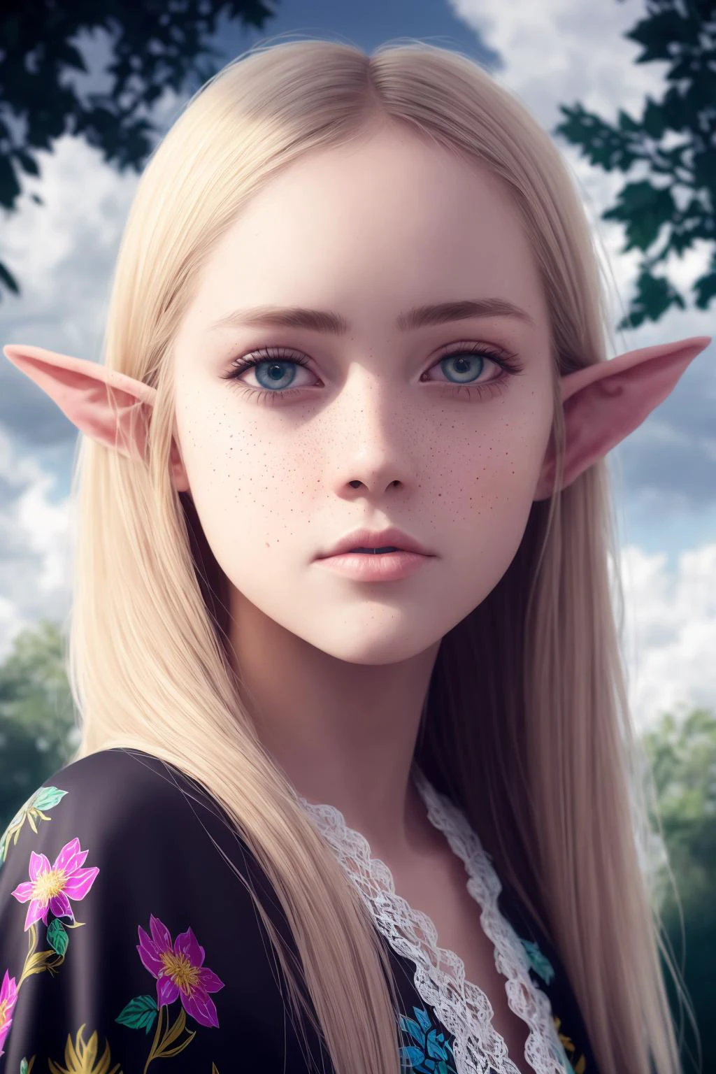 masterpiece, best quality, (realistic:1.3), highest quality, bust shot, cinematic lighting, highly detailed, sharp focus, extremely detailed, ultra realistic, depth of field, bokeh, Global Illumination, volumetric lighting, subsurface scattering, caustics, bloom, [reflections], [shadows], [(colorful explosion psychedelic paint colors:1.2)::0.90],
age elf girl wearing a shiny black silk lace kimono, at a (mystical fountain:1.15) in the woods, white clouds, rainbow, very long blonde hair, blue eyes, silk, (lace:1.1), tranparent, freckles, fantasy landscape, gentle smile