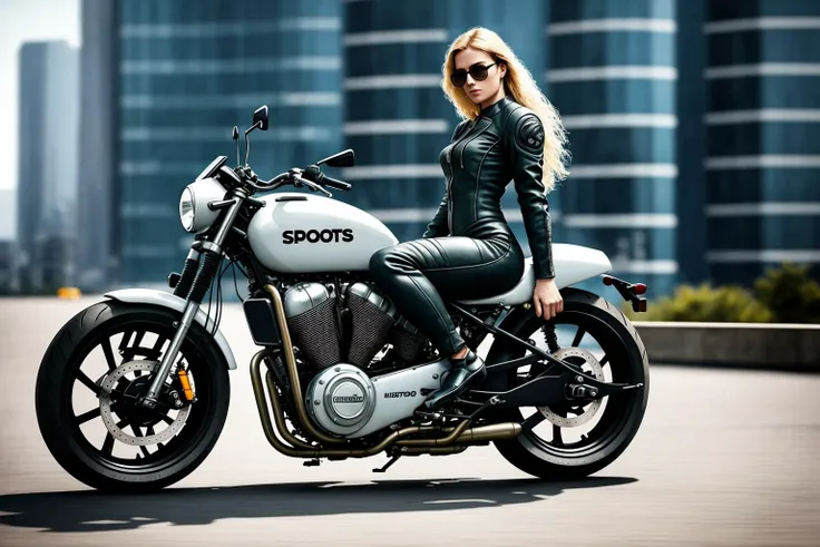 masterpiece, best quality, realistic, photo, pinup girl in motorcycle suit on sports motorcycle, cyberpunk city