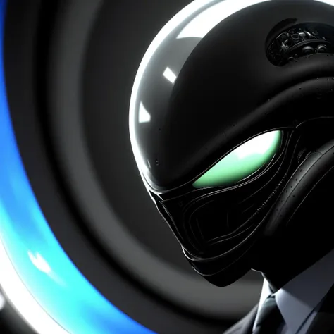 masterpiece, best quality, (realistic:1.3), highest quality, cinematic lighting, highly detailed, sharp focus, extremely detailed, ultra realistic, depth of field, bokeh, Global Illumination, volumetric lighting, ray tracing, subsurface scattering, caustics, bloom, [reflections], [shadows],
 (alien:1.3) wearing a (black suit and tie:1.3), large black eyes, on a spaceship