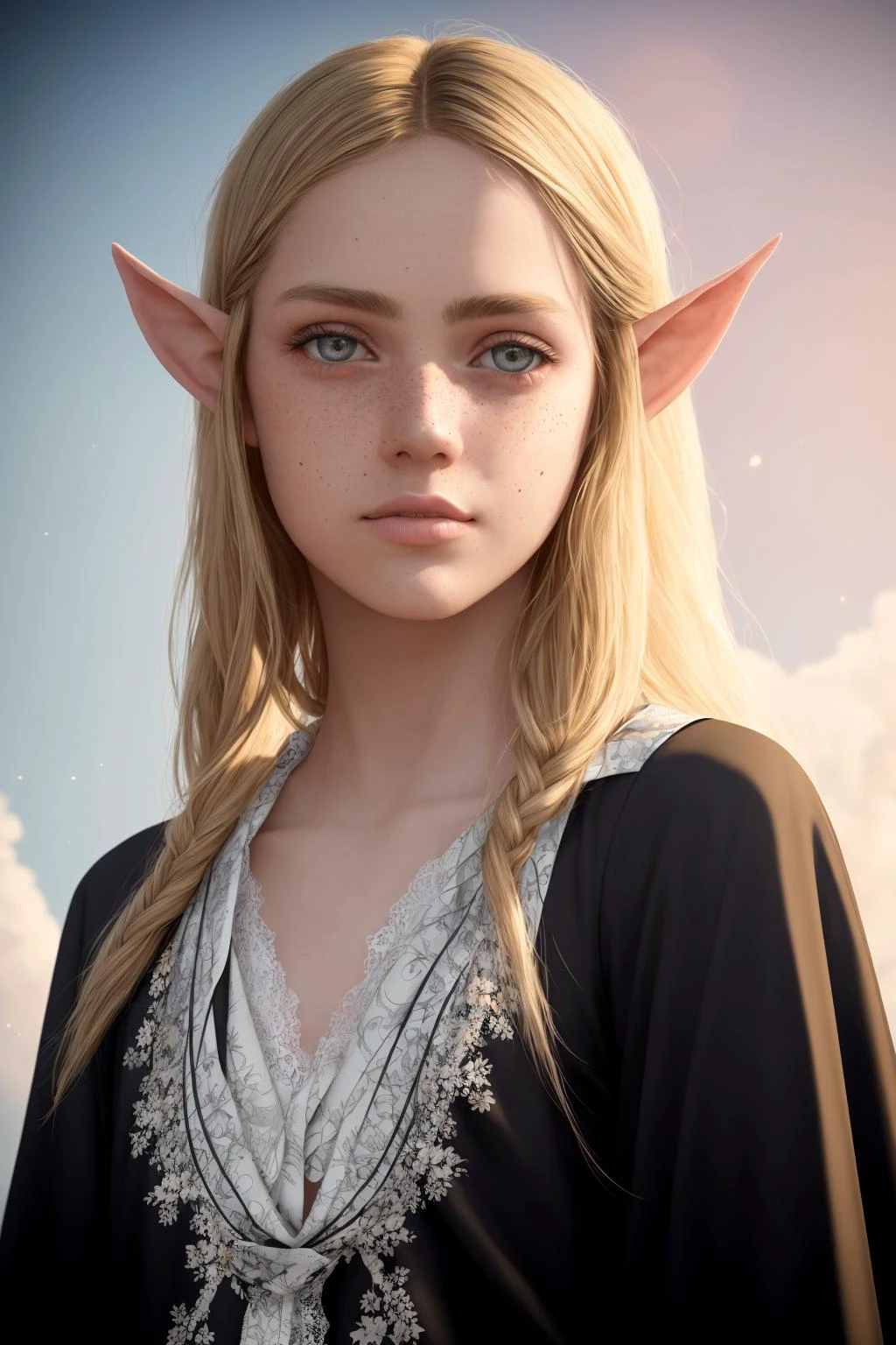 masterpiece, best quality, (realistic:1.3), highest quality, bust shot, cinematic lighting, highly detailed, sharp focus, extremely detailed, ultra realistic, depth of field, bokeh, Global Illumination, volumetric lighting, subsurface scattering, caustics, bloom, [reflections], [shadows], [(colorful explosion psychedelic paint colors:1.2)::0.90],
age elf girl wearing a shiny black silk lace kimono, at a (mystical fountain:1.05) in the woods, white clouds, rainbow, very long blonde hair, blue eyes, silk, (lace:1.1), tranparent, freckles, fantasy landscape, gentle smile