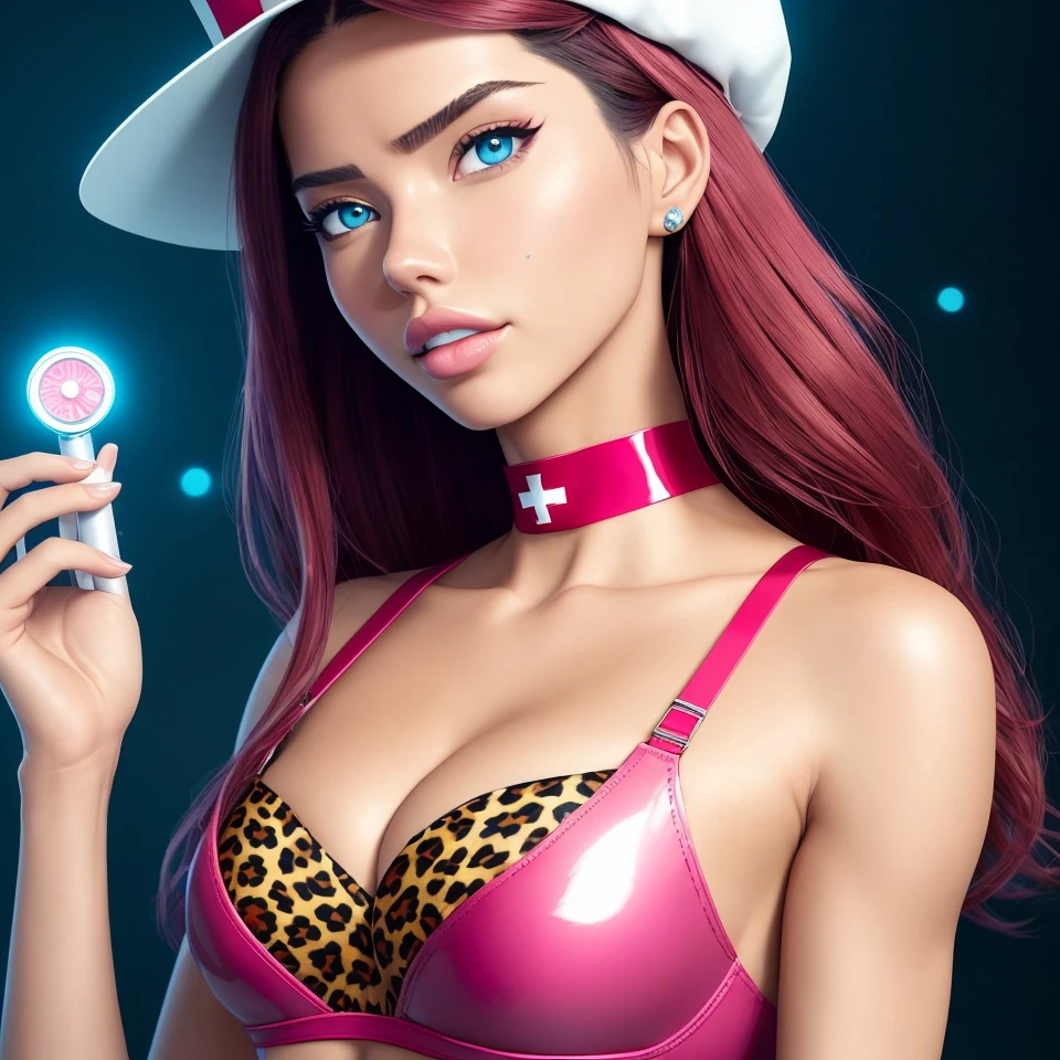 (dreamlikeart style:0.6),( redshift style:1.1),(analog style:1.1),(mdjrny-v4 style:0.5), (studio_ghibli_anime_style style:0.9), (copeseethemald style:0.5),(thepit bimbo:0.5),(glossy sexy bimbo:1.1), ( Adriana Lima :1.2),

1girl, woman, masterpiece,nurse,red cross,uniform,medic,hat, beautiful,
pink long_hair, looking_at_viewer, small breast focus, posing, beautiful detailed blue_eyes, cleavage, tattoo, choker, jewelry,

smooth skin, (subsurface skin scattering:1.1), shiny skin,vax, plastic,
[(colorful explosion psychedelic paint colors:1.2)::0.15],

(leopard bra:1.2),white open shirt see-through, upper body,
detailed background, inside medical bay,in laboratory, medical instruments,
vivid colors, realistic proportions,

most beautiful, nostalgia, sexy, stethoscope, hearts,cupidon, trending on ArtStation, trending on CGSociety, Intricate, High Detail, Sharp focus, dramatic, photorealistic painting art